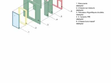 Building systems : 1. Carpentry (reuse); 2. Custom-made frames (reuse): 3. Lined refrigeration panels (reuse); 4. & 5. PIR Insulators (reuse); 6. Solid wooden frame (reuse) ©Skope + collectif dallas